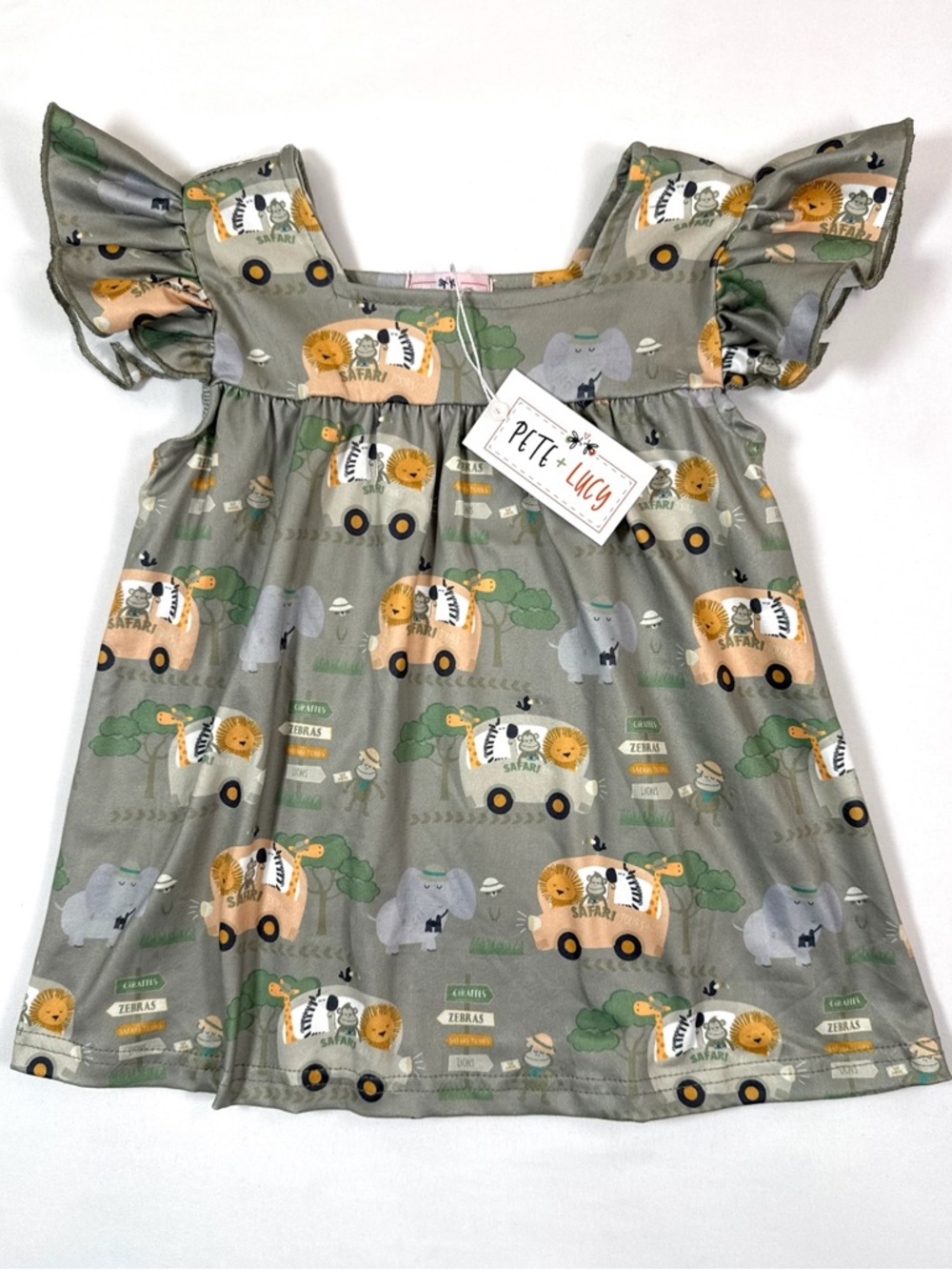 NWT PETE + LUCY Girl Safari Dress Size 12-18M Animal Print Flutter Sleeve NEW